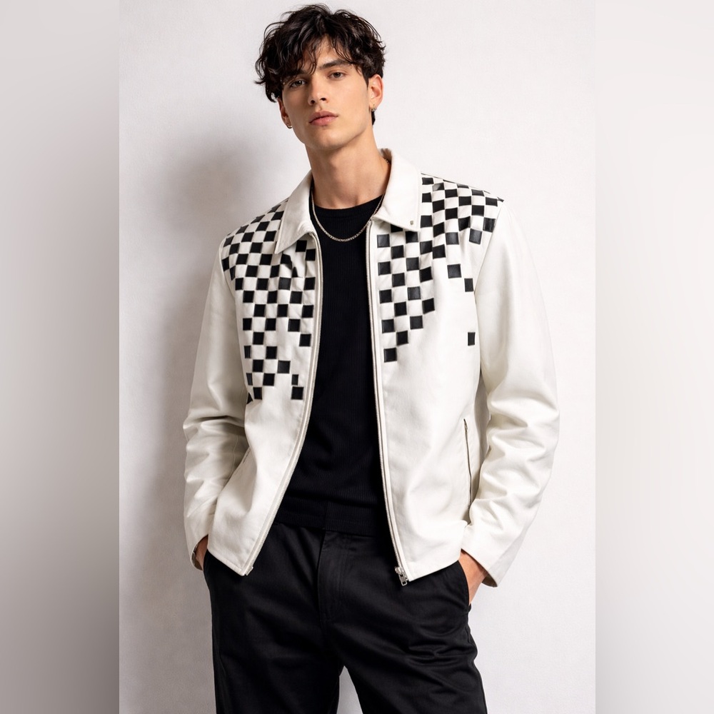 JACK EDWARDS Vintage Mens Black & White Checkered Genuine Leather Jacket Size M